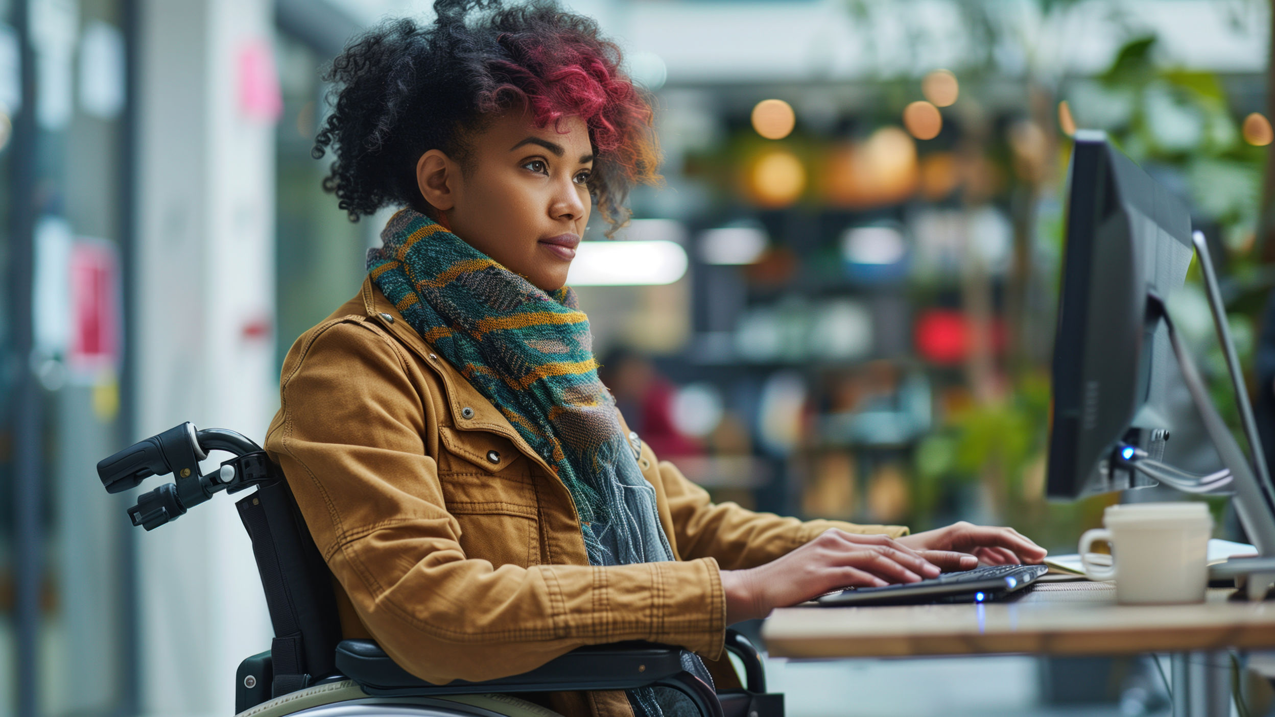 Young Determined Mixedrace Woman Wheelchair Working Her Office Desk